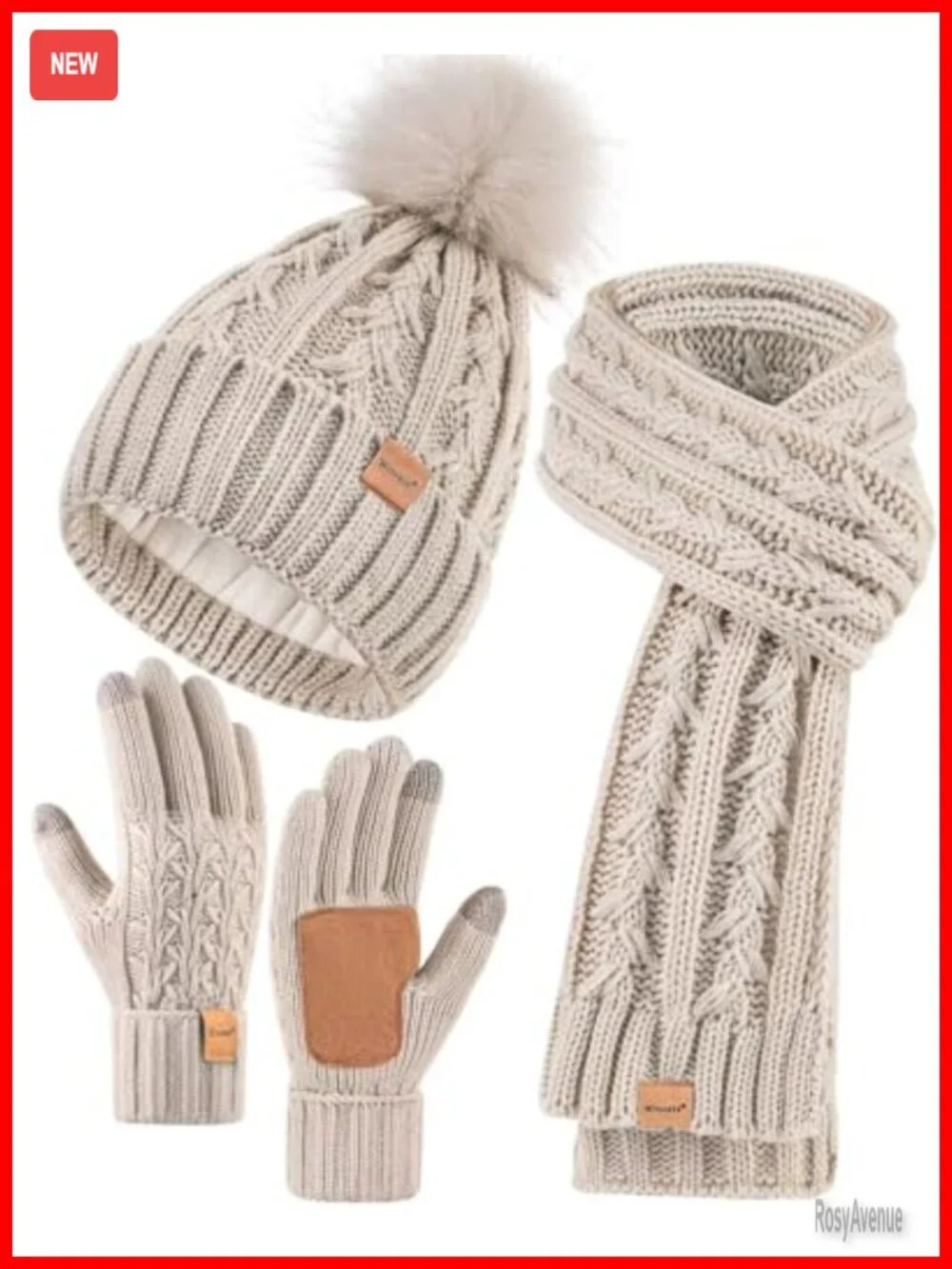 Fleece Lined Winter Beanie Hat Scarf Gloves Set with Pom Pom Touchscreen